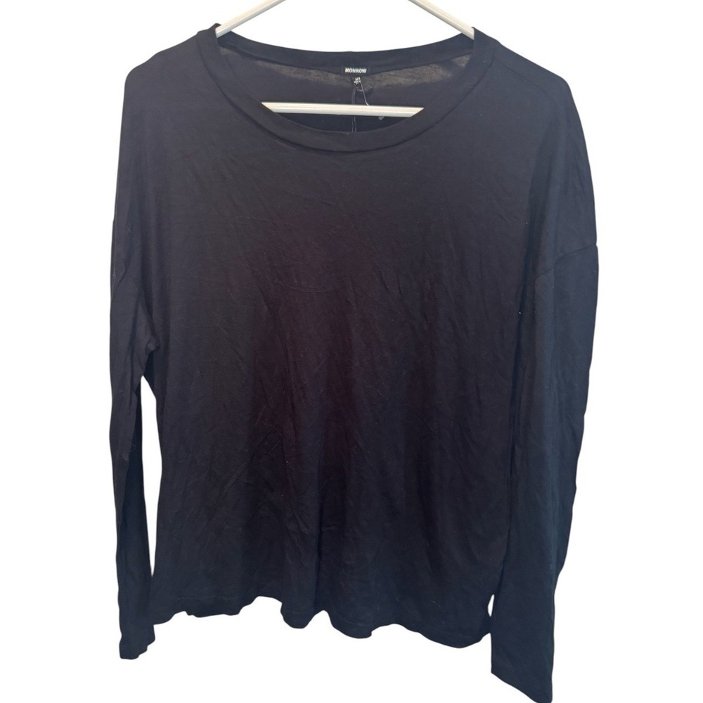 Monrow Womens Black Long Sleeve Crew Neck Cotton Modal Knit Top M NEW